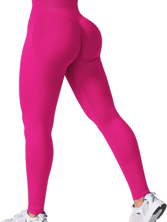 Pants - Pair of High-Waist Seamless Scrunch Leggings - Bright Magenta & Grey